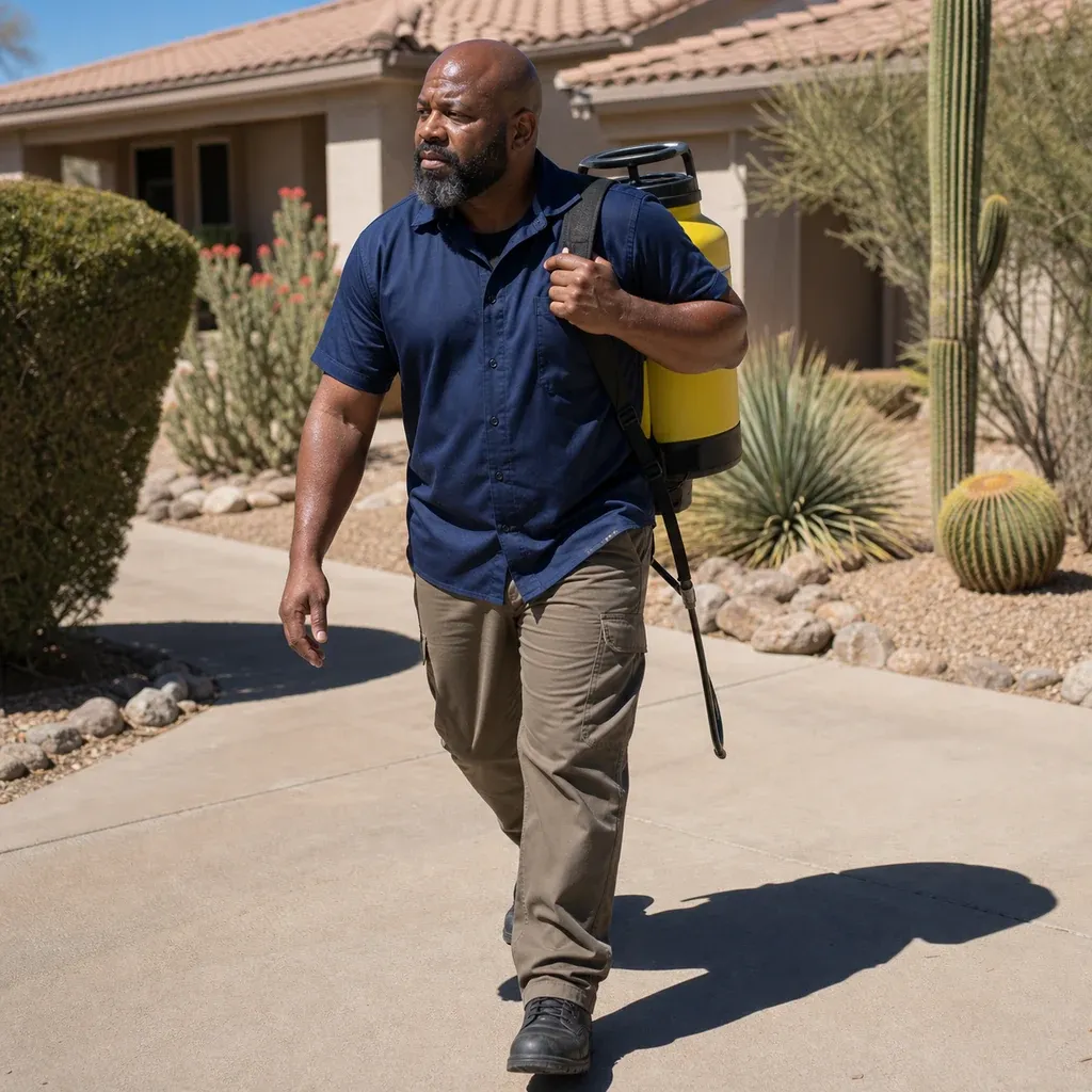 Pest control technician applying perimeter barrier treatment with a backpack sprayer